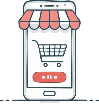 en línea compras móvil solicitud con Tienda toldo, carro, y orden botón vector