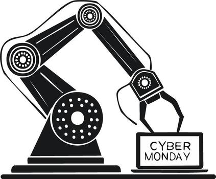 A robotic arm holding a laptop with Cyber Monday text. icon for online shopping and automation vector