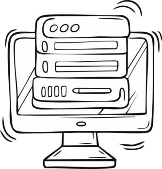 mano dibujado computadora monitor mostrando apilado servidor bastidores datos Procesando y tecnología concepto vector