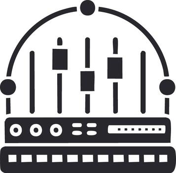 Isolated drawing Studio audio mixing console with faders, equalizer, knobs, buttons and display vector