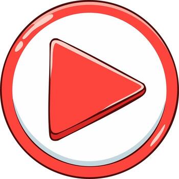 Play button icon with red triangle, cartoon style media player control symbol on white circle, computer graphic vector