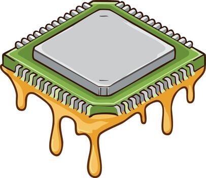 illustration of a digital computer processor chip melting with yellow liquid dripping vector