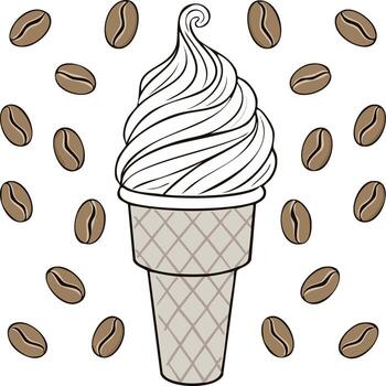 Creamy soft serve ice cream in a classic waffle cone with many coffee beans scattered around it vector