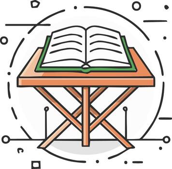 Open book on a wooden table illustration with geometric elements in a circle vector