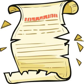 Cartoon style antique parchment scroll, document with text and torn edges vector