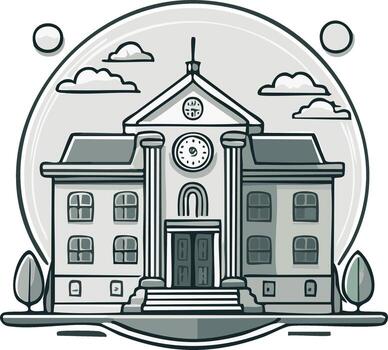 Illustration of a Classic Courthouse with Columns and Clock in Soft Grayscale Color Palette vector