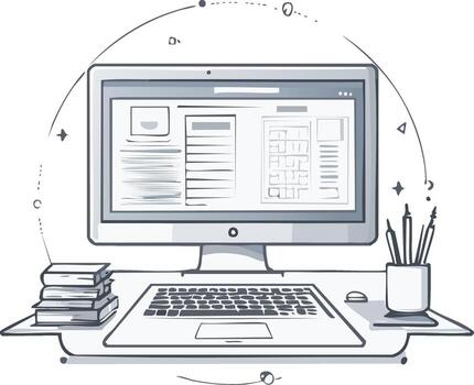 Desktop Computer with Keyboard Mouse Books and Pencils Work Environment Digital Office or Study Sketch Style Illustration vector