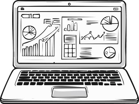Sketch of Laptop Displaying Financial Charts and Statistics Data Analysis vector