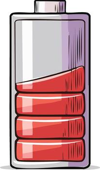 Illustration of a battery with low charge level depicted with red indicator bars vector