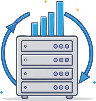 servidor estante con creciente bar gráfico y giratorio flechas simbolizando datos ciclo vector