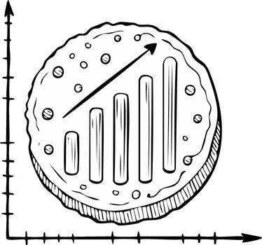 Doodle style upward trending bar chart on a circular graph with an arrow indicating growth vector