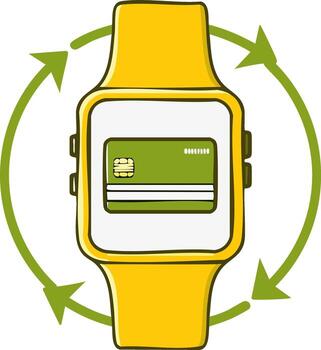 Smartwatch displaying a credit card with circular arrows symbolizing contactless payment and transaction process vector