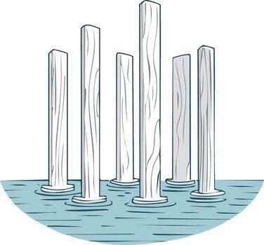 Stylized illustration of weathered wooden pillars or posts standing in water, hinting at remains or a submerged structure vector
