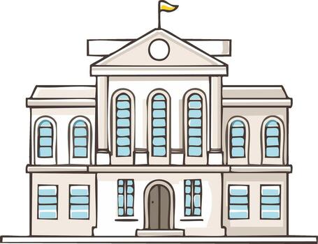 Classical building with columns and arched windows, featuring a triangular pediment and flag vector