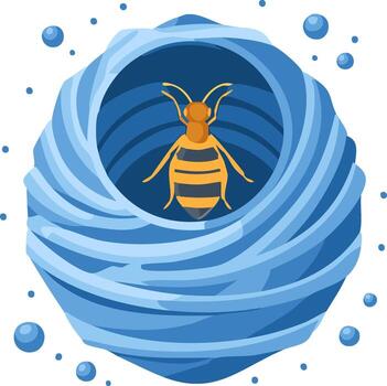 Striped Wasp Insect Flying Over a Swirl Pattern Design with Bubbles Decoration vector