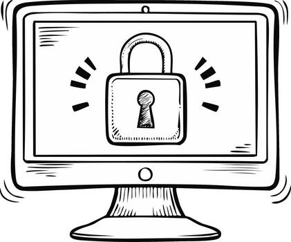 Secured Computer Outline Sketch Security concept, computer screen, pad lock, data protection vector