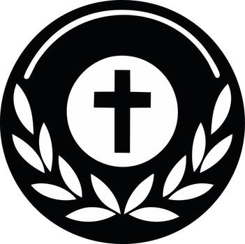 Black and white religious symbol of a cross within a circle with laurel wreath vector