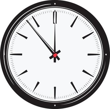 Classic analog clock face showing nearly noon or midnight with sharp black hands and markers vector