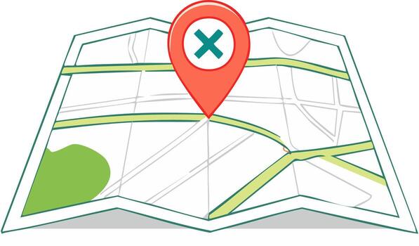 Red location pin with a cross symbol marks an error or unavailable spot on a map vector