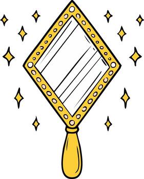 Stylized Hand Mirror with Gold Frame and Handle with Sparkling Stars vector