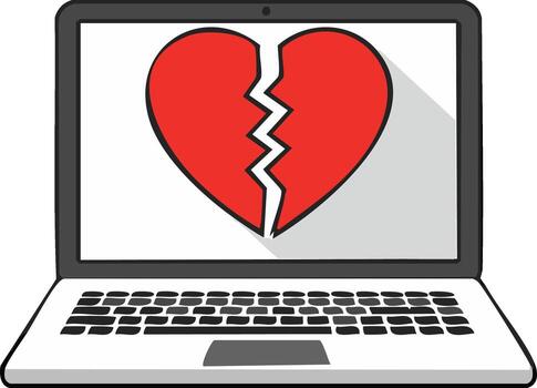 Laptop computer screen with a broken heart icon symbolizing online dating failure or heartbreak vector