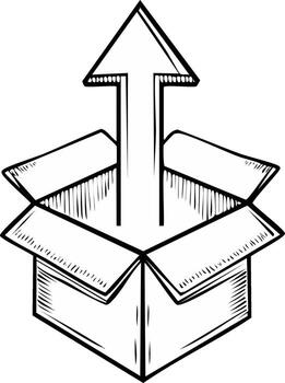 Hand drawn arrow pointing upwards out of an open cardboard box vector