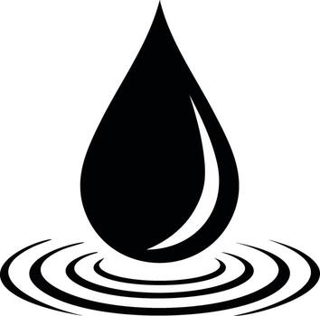 Stylized black liquid droplet falling into water generating concentric circular ripples simple clean graphic vector