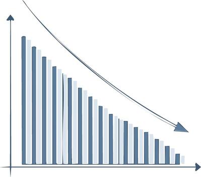 Decreasing bar chart with a downward arrow symbolizing falling statistics business loss or a negative trend vector