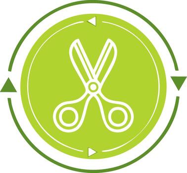 Open Scissors Icon with Circular Arrows and Triangles in Green Circle vector