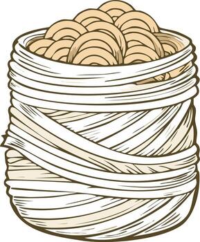 Artistic illustration of wrapped coils in a cylindrical container with stacked rounded objects inside vector