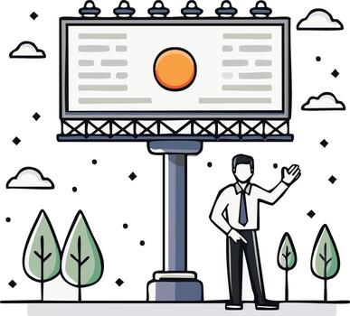 Executive Standing Before a Large Billboard with Abstract Content Waving Hand in a Simplified Flat Design vector