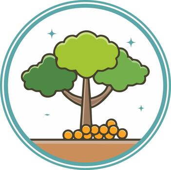 Stylized Fruit Tree Icon Illustration Featuring Green Canopy, Brown Trunk, and Citrus Fruit in a Teal Circle Frame vector