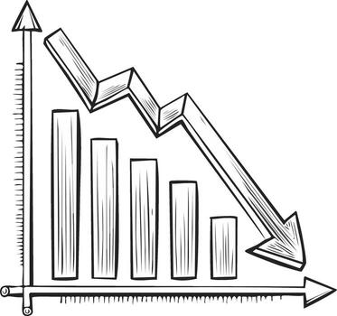 Hand Drawn Graphic Showing Decline Bar Chart with Arrow Pointing Downward vector