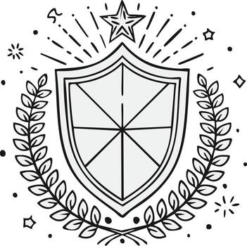 Hand-drawn shield emblem with star, laurel wreath, and decorative elements vector