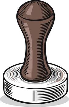 Stylized coffee tamper features a carved handle and base with grooved pattern design and brown and grey tones on white vector