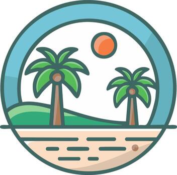 Tropical Beach Scene with Palm Trees and Sun within a Circle vector