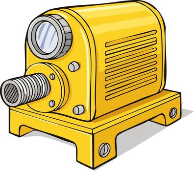 Cartoon illustration of a yellow mechanical device with a lens and a base vector