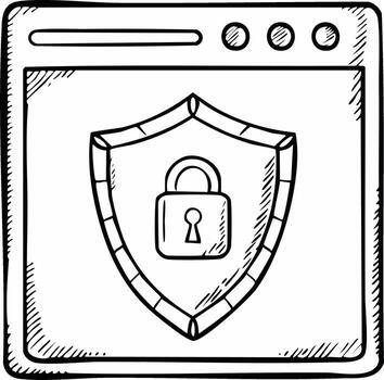mano dibujado en línea seguridad proteger con candado en navegador ventana vector