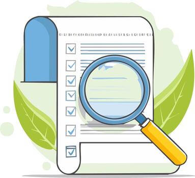 Magnifying glass inspecting a detailed document or checklist for careful analysis and review vector