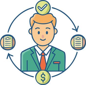 Man in suit illustrates process with documents and money in a circular flow representing business tasks vector