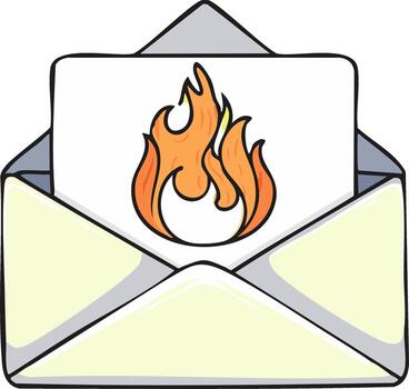 estilizado sobre conteniendo papel con un fuego ilustración, dibujos animados correo, comunicación, y urgente mensaje representación vector