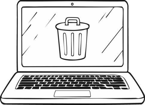 Laptop screen displays a stylized trash can icon symbolizing data deletion and cleanup vector