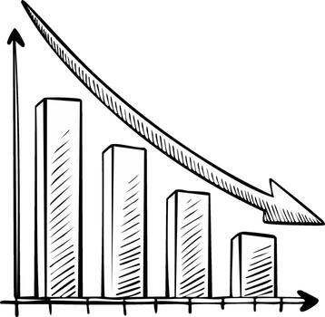 Hand drawn bar chart with a large downward arrow symbolizing financial decline or economic recession vector
