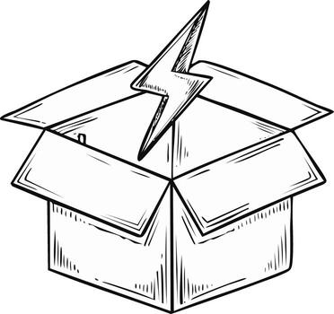 Open cardboard box with a lightning bolt symbol popping out, sketched in black and white vector