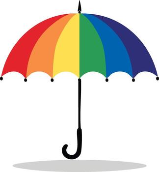 Rainbow colored umbrella with a black handle and a simple graphic design vector