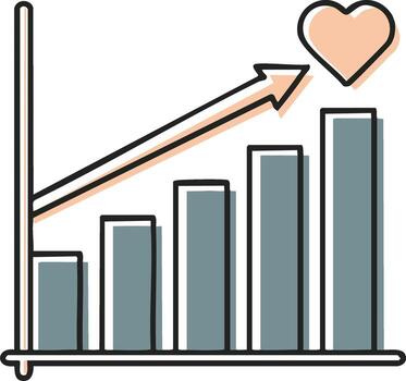Bar graph showing upward trend with heart icon symbolising success and popularity vector