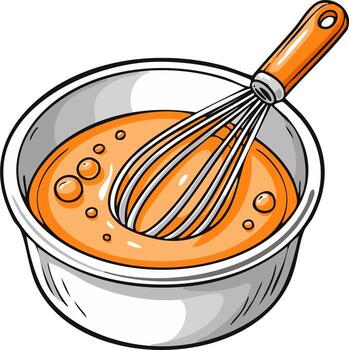 Whisk mixing orange liquid in a bowl creating batter for baking and cooking vector