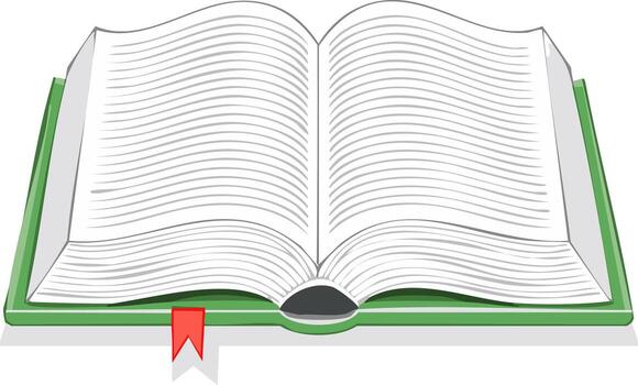 Opened green book with a red bookmark. Empty pages for creative content. Reading, writing, publication, knowledge, learning vector