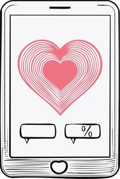 Hand-drawn smartphone with pink heart icon and message bubbles on screen, depicting mobile dating or health app vector