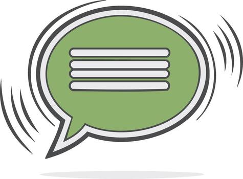 Green speech bubble with lines representing text and motion lines conveying communication vector